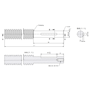 TR30x6 Trapezoidal spindle cut to length, machined outside Ø20x94 with keyway, supplied including spring, screw and washer