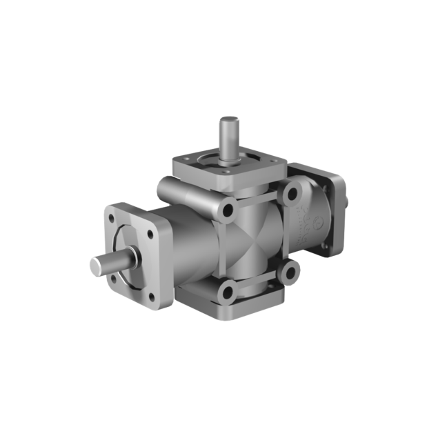 Poggi right angle gearbox 2007, R1:3, D2, Ø14h7, 3-way, Aluminium
