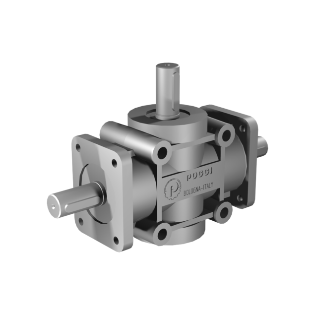 Poggi right angle gearbox 2025, R1:2, D2, Ø24h7, 3-way, Reduced backlash, Aluminium