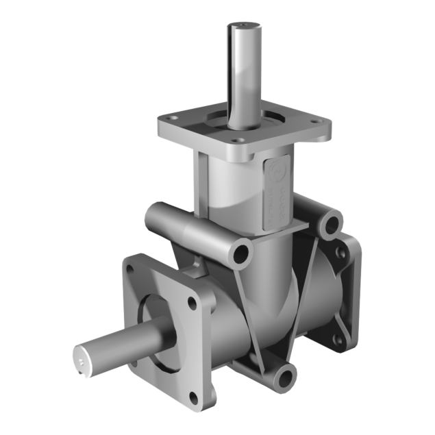 Poggi right angle gearbox 4032, R1:1, D1, Ø25f7, 2-way, Aluminium