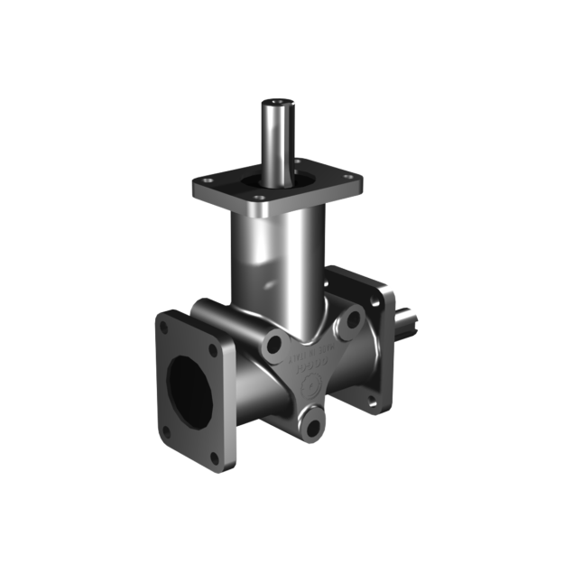 Poggi right angle gearbox 5011, R1:1, D2, Ø15f7, 2-way, Stainless steel