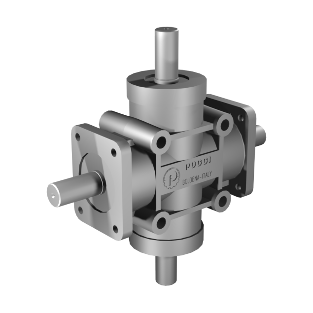 Poggi right angle gearbox 2027, R1:1, D1/2, Ø24h7, 4-way, Aluminium