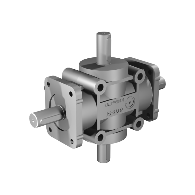 Poggi right angle gearbox 2026, R1:2, D1/2, Ø24h7, 4-way, Reduced backlash, Aluminium