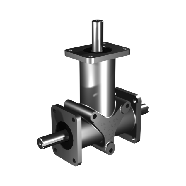 Poggi right angle gearbox 5031, R1:1, D1/2, Ø20f7, 3-way, Stainless steel