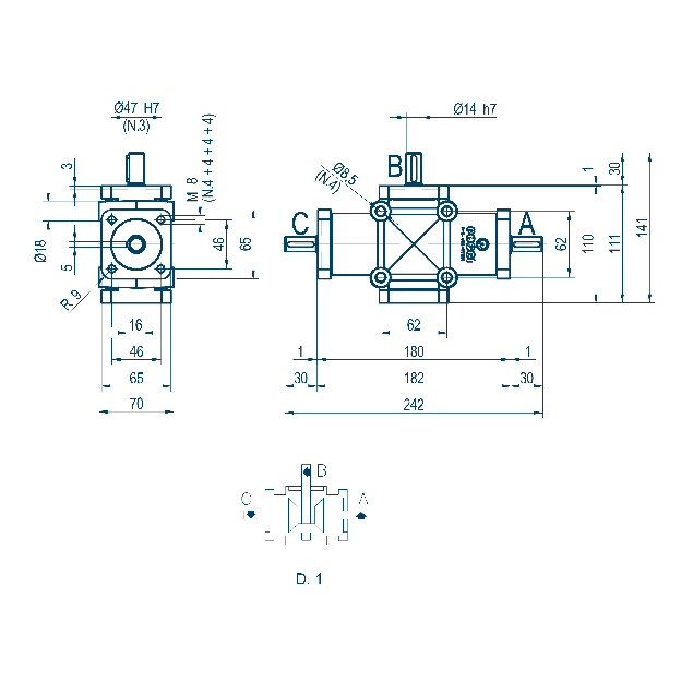 Poggi right angle gearbox 2007, R1:3, D1, Ø14h7, 3-way, Reduced backlash, Aluminium