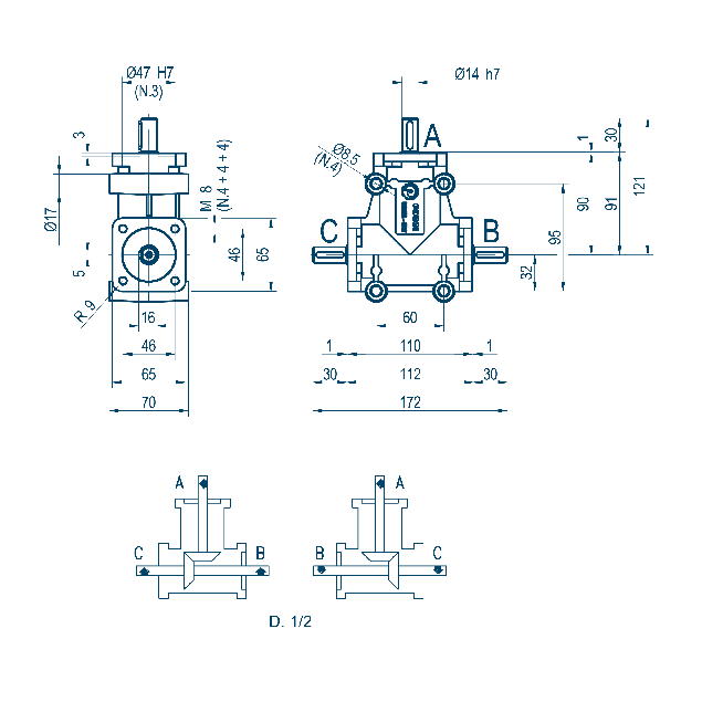 Poggi vinkelgear 2008, R1:3, D1/2, Ø14h7, 3-vejs, Aluminium
