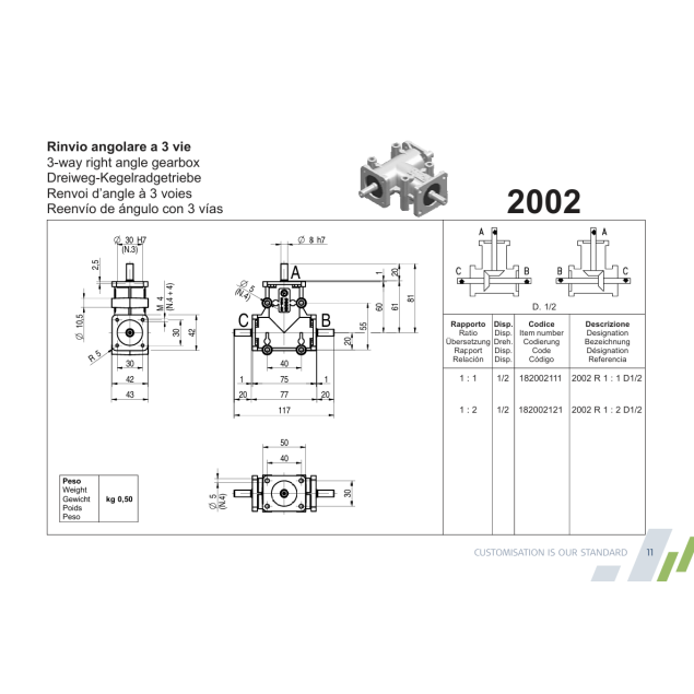 Poggi vinkelgear 2002, R1:2, D1/2, Ø8h7, 3-vejs, Aluminium