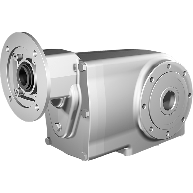 Clean-Geartech X63N, helical bevel gear Ø35H7 hollow shaft, 77,23:1, input 90B14, B3, stainless steel