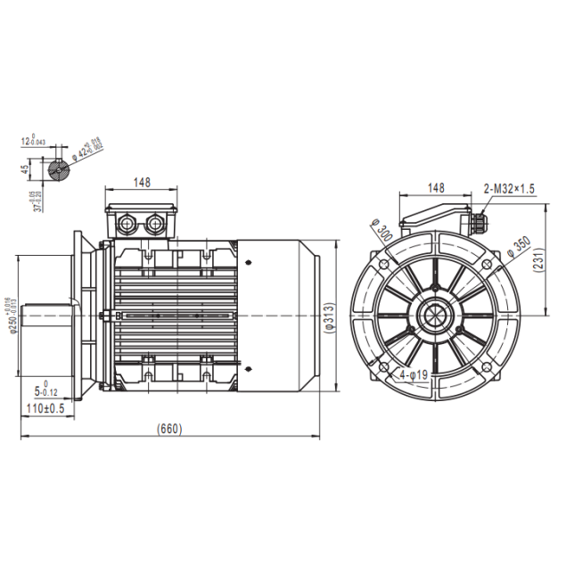 Busck Wechselstrommotor T3CR180L, 22kW, 1460RPM, B3, 400/690, 50 Hz, Busck Wechselstrommotor T3CR225M-2B35, 45kW, 2950RPM, B35, 400/690, 50 Hz, Grauguss