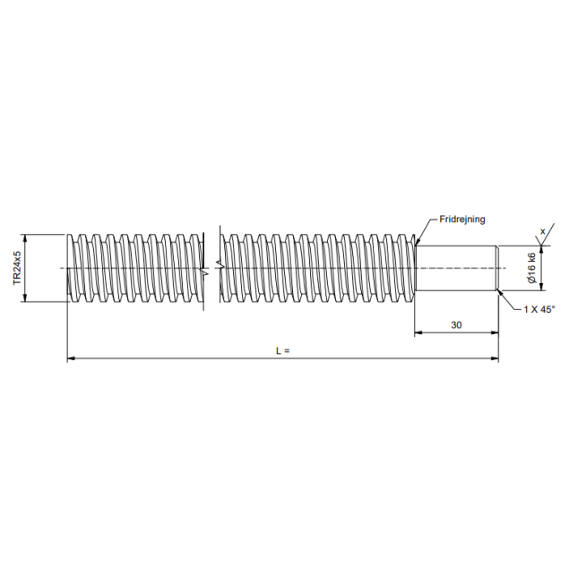 TR24x5 Trapezoidal spindle cut to length, externally machined, Ø16K6x30