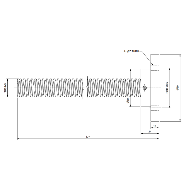 TR24x5 Trapezoidal spindle cut to length, mounted with pressure plate