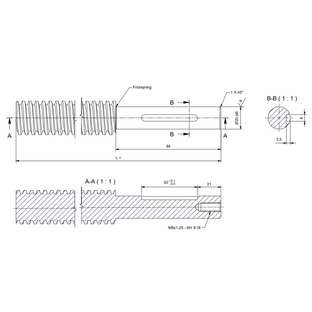 TR30x6 Trapezoidal spindle cut to length, machined outside Ø20x94 with keyway, supplied including spring, screw and washer