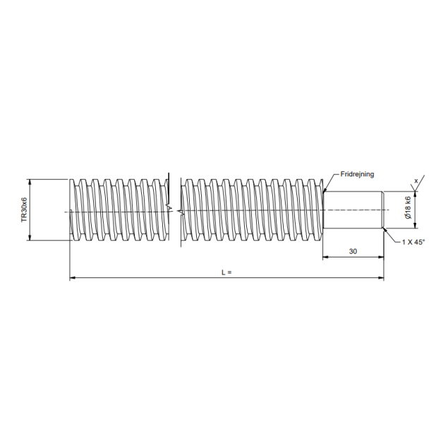 TR30x6 Trapezoidal spindle cut to length, outer end Ø18K6x30