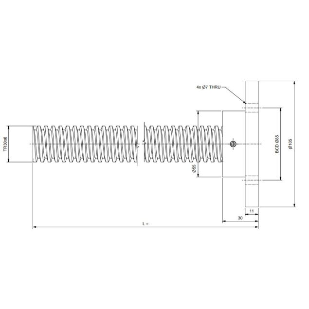 Trapezoidal spindle TR30x6 cut to length, mounted with pressure plate