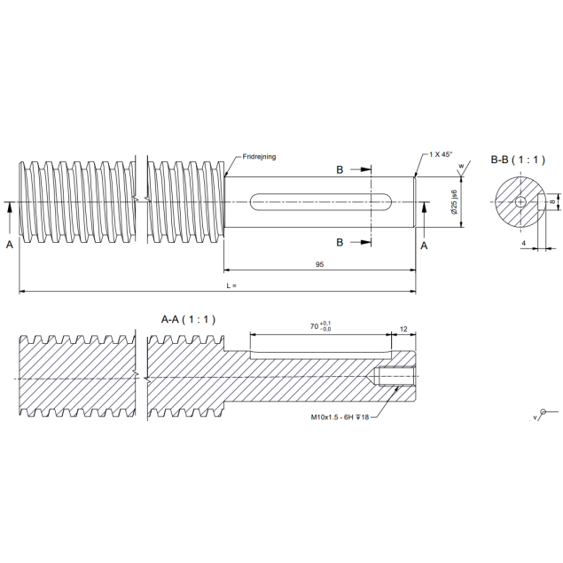 TR40x7 Trapezoidal spindle cut to length, externally machined, Ø25x95 with keyway, supplied including spring, screw and washer