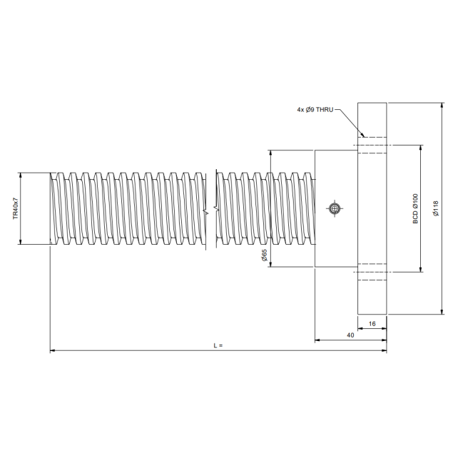 TR40x7 Trapezoidal spindle cut to length, mounted with pressure plate