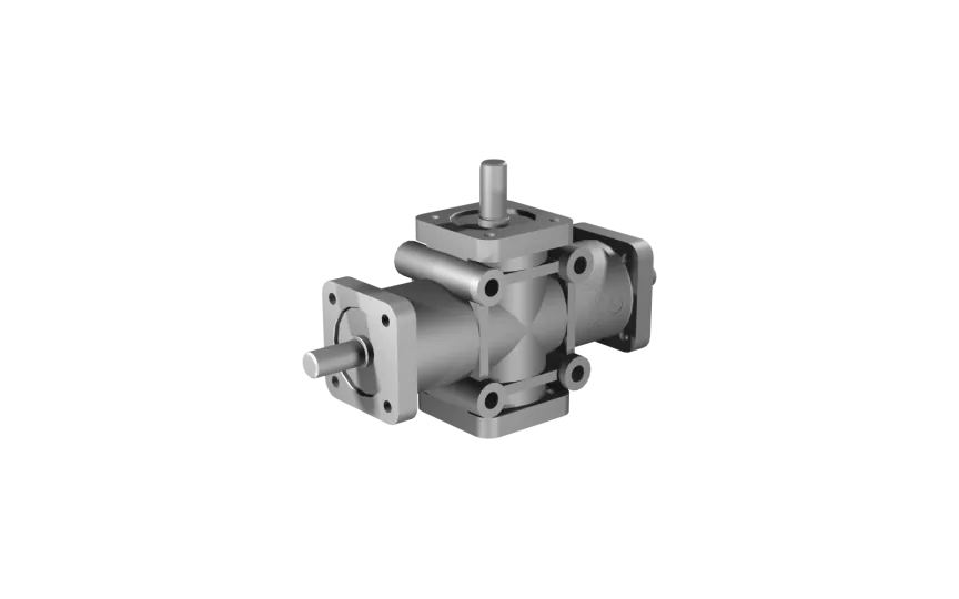 Poggi right angle gearbox 2007, R1:2, D2, Ø14h7, 3-way, Reduced backlash, Aluminium