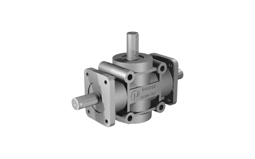 Poggi right angle gearbox 2025, R1:3, D1, Ø24h7, 3-way, Reduced backlash, Aluminium