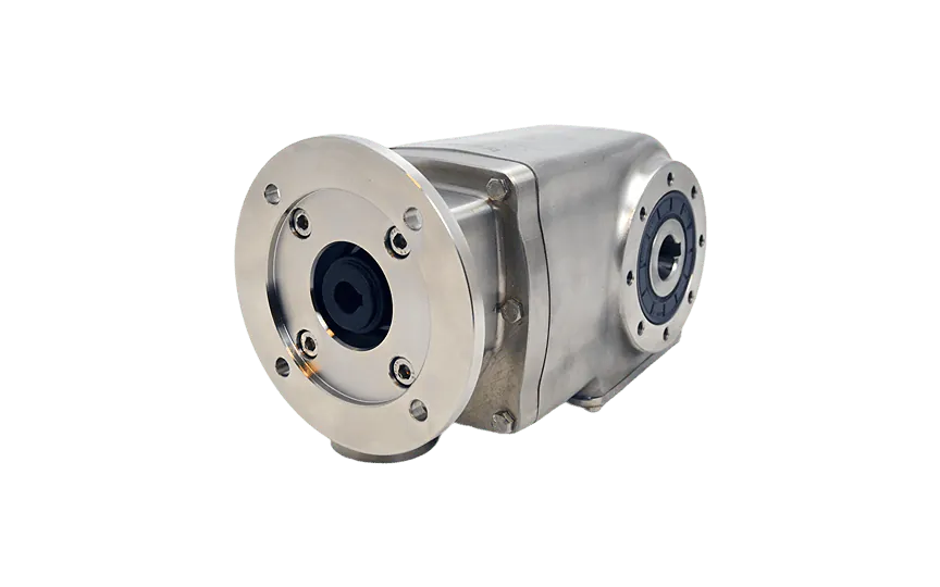 Clean-Geartech X62N, helical bevel gear Ø35H7 hollow shaft, 15,36:1, input 100/112B14, B3, stainless steel