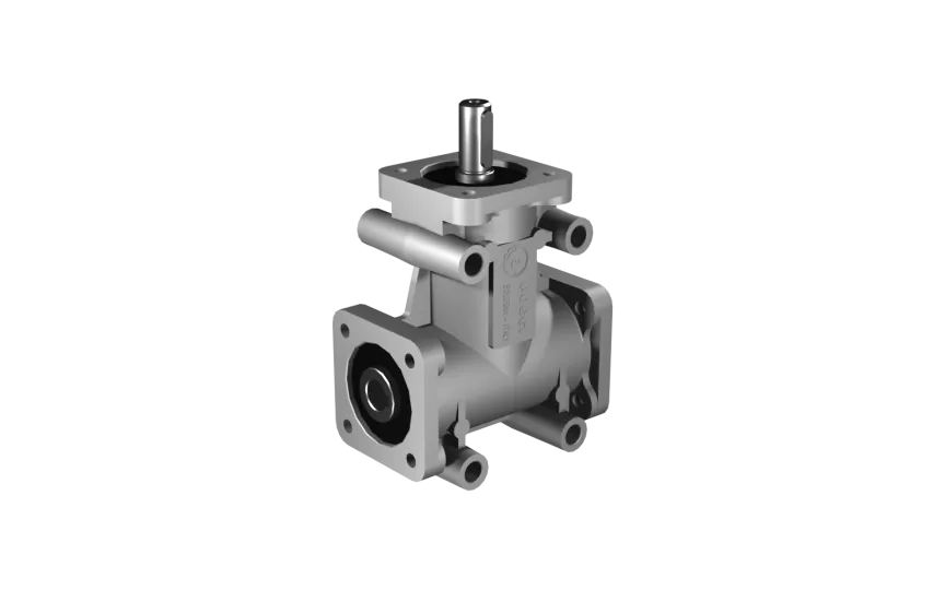Poggi right angle gearbox 2012, R1:2, D1/2, Ø14h7 / Ø14H7, 3-way, Reduced backlash, Aluminium
