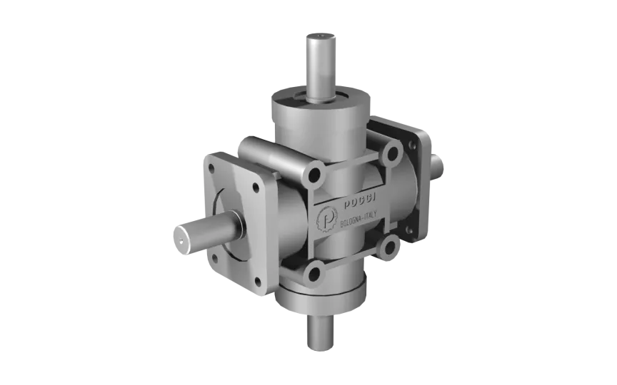 Poggi right angle gearbox 2027, R1:1, D1/2, Ø24h7, 4-way, Reduced backlash, Aluminium