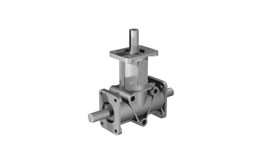 Poggi right angle gearbox 4008, R1:1, D1/2, Ø15f7, 3-way, Aluminium