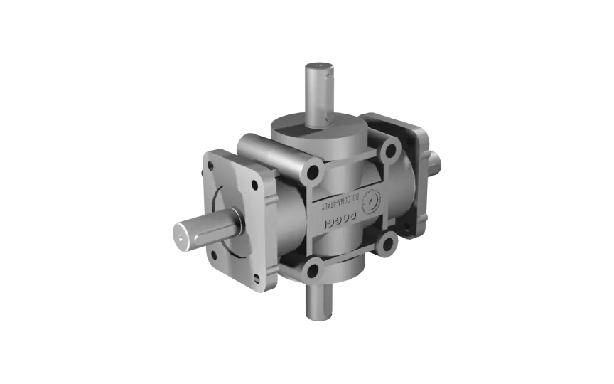 Poggi right angle gearbox 2026, R1:1, D1/2, Ø24h7, 4-way, Reduced backlash, Aluminium