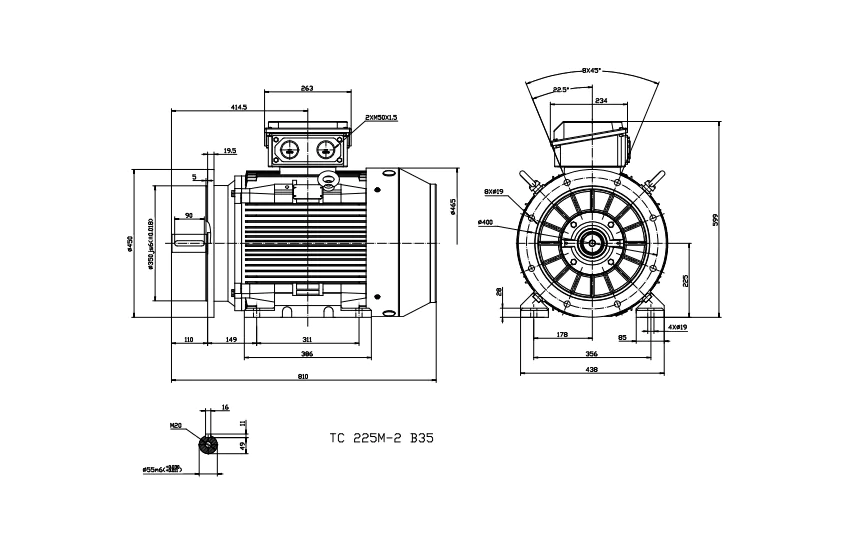 Busck AC motor T3CR225M-2B35, 45kW, 2950RPM, B35, 400/690, 50 Hz, Støbejern