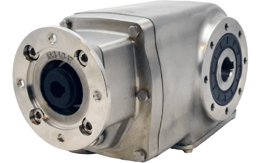 Clean-Geartech X42N, helical bevel gear Ø25H7 hollow shaft, 7,29:1, input 71B14, B3, stainless steel