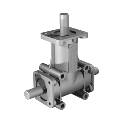 Poggi right angle gearbox 2033, R1:1, D1/2, Ø24h7, 3-way, Reduced backlash, Aluminium