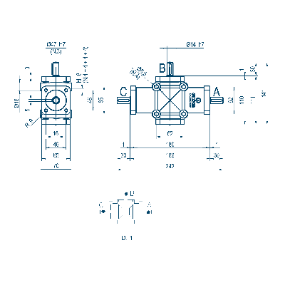 Poggi right angle gearbox 2007, R1:3, D1, Ø14h7, 3-way, Reduced backlash, Aluminium