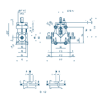 Poggi vinkelgear 2008, R1:3, D1/2, Ø14h7, 3-vejs, Aluminium