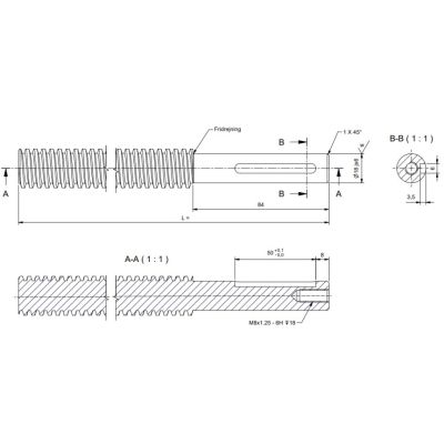 TR24x5 Trapezspindel abgelängt, außen bearbeitet, Ø18x84 mit Passfedernut, Lieferung inklusive Feder, Schraube und Unterlegscheibe