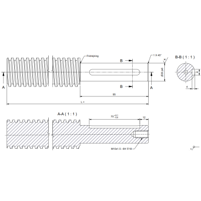 TR40x7 Trapezoidal spindle cut to length, externally machined, Ø25x95 with keyway, supplied including spring, screw and washer